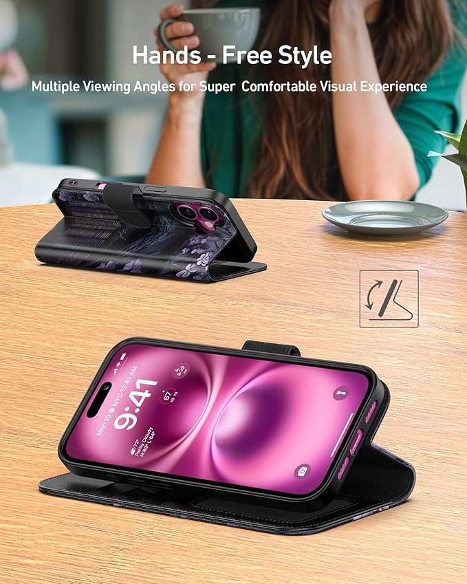 DEENAKIN for iPhone 16 Wallet Case with Card Holder + Cash Clip, RFID-Blocking, Military-Grade Drop Protection, Magnetic Closure with Leather Kickstand - Purple Floral & Raven