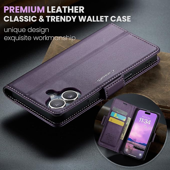 for iPhone 16 Plus Case, Premium PU Leather Wallet Case Flip Cover with [RFID Blocking][Card Holder][Stand Function] Shockproof Protective for iPhone 16 Plus, Purple