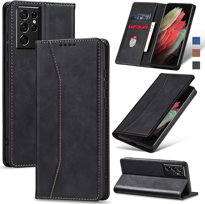 Jasonyu Flip Wallet Case for Samsung Galaxy S21 Ultra 5G,Leather Magnetic Folio Cover with Card Holder,Kickstand - TPU Shockproof Durable Protective Phone Case,Black