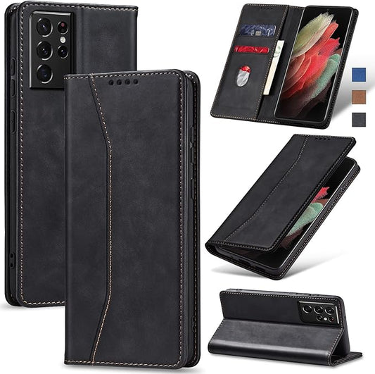Jasonyu Flip Wallet Case for Samsung Galaxy S21 Ultra 5G,Leather Magnetic Folio Cover with Card Holder,Kickstand - TPU Shockproof Durable Protective Phone Case,Black