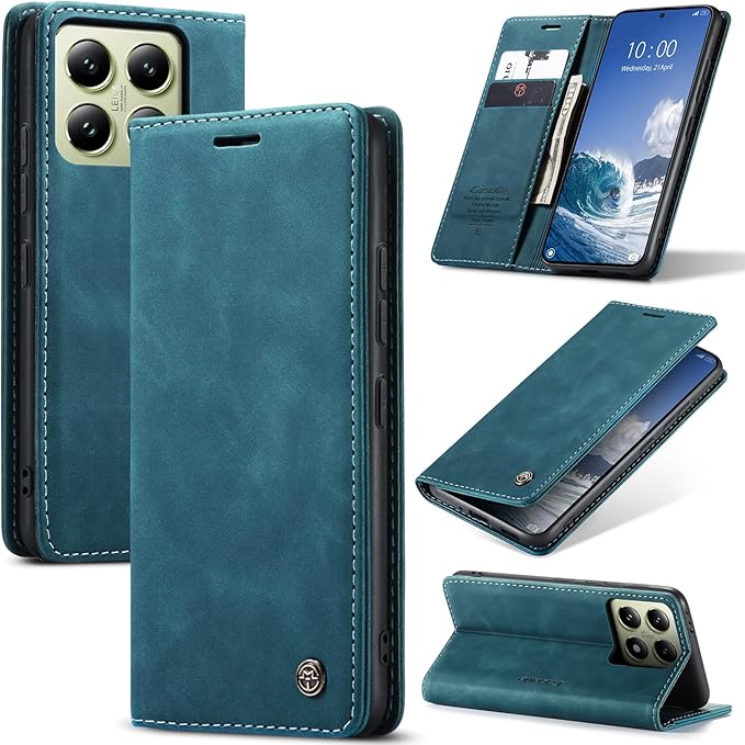 for Xiaomi 14T Case, Flip Wallet Leather Case with Card Holder Magnetic Closure Shockproof Kickstand Protective Phone Cases Cover for Xiaomi mi 14T, Blue-Green