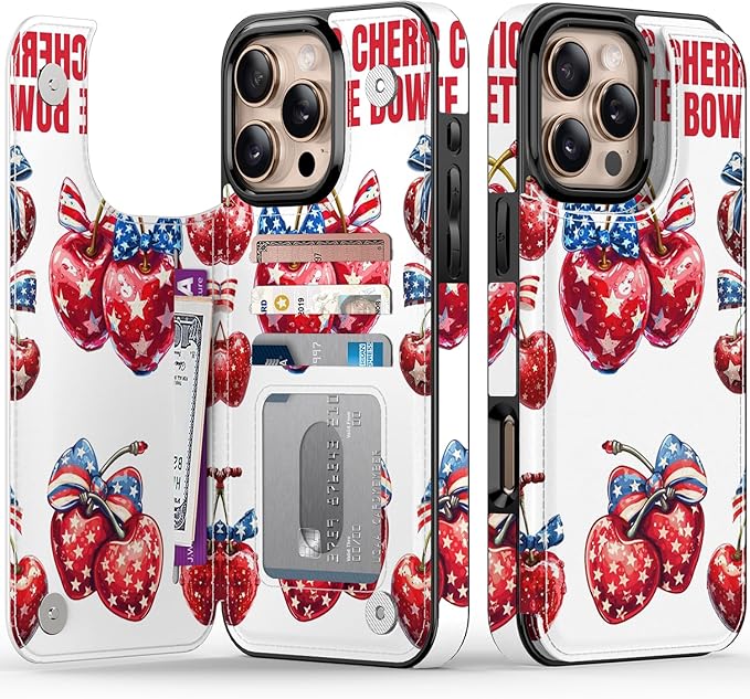 FUNMIKO for iPhone 16 Pro Max Wallet Case with Card Holder, RFID-Blocking, Military-Grade Protection & UV-Printed Artwork, Magnetic Closure with Leather Kickstand - Cherries with Bow