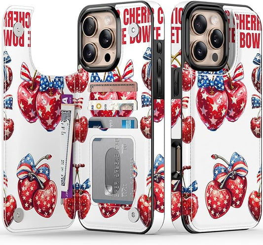 FUNMIKO for iPhone 16 Pro Max Wallet Case with Card Holder, RFID-Blocking, Military-Grade Protection & UV-Printed Artwork, Magnetic Closure with Leather Kickstand - Cherries with Bow