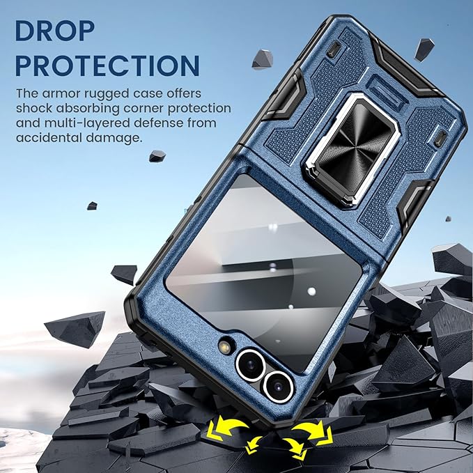 VEGO for Samsung Flip 6 Case with Belt Clip Holster, Hinge Protection Case with 360° Ring Kickstand & Camera Screen Protector Heavy Duty Protective Armor Case for Galaxy Z Flip 6 - Blue