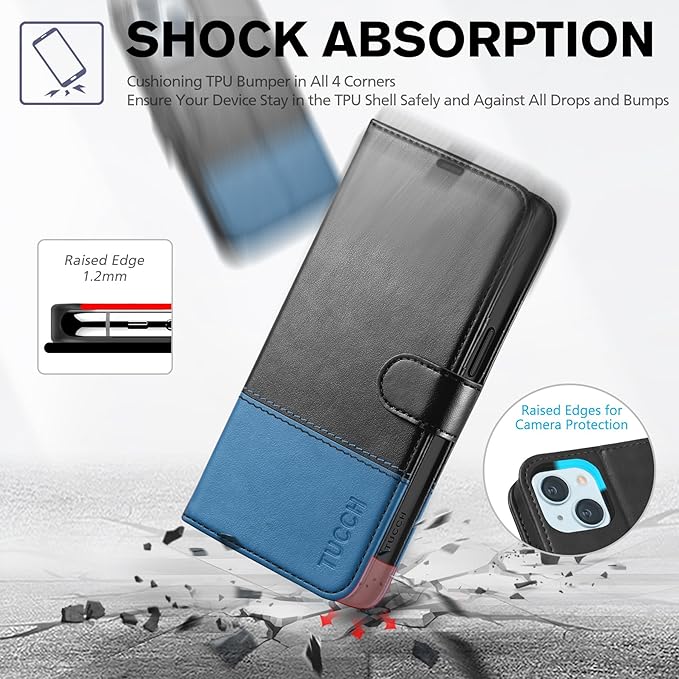 TUCCH Case Wallet for iPhone 15 6.1", Protective [TPU Shockproof Inner Shell], PU Leather [RFID Blocking] [4 Card Holder] Magnetic Closure Stand Cover Compatible with iPhone 15 6.1", Black&Light Blue