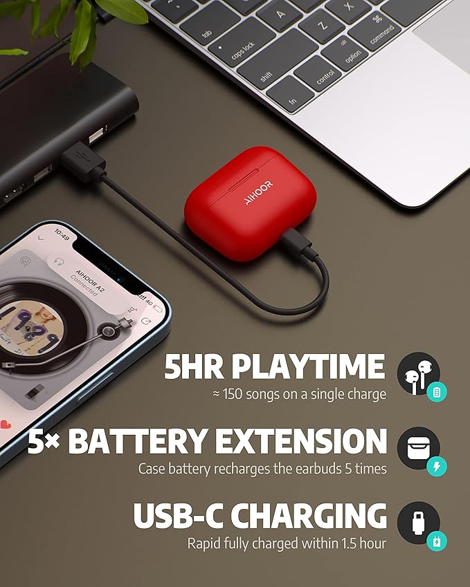 AIHOOR Wireless Earbuds for Music and Sports, Bluetooth 5.3 in-Ear Headphones with Extra Bass Built-in Mic Touch Control 30hr Battery Earphones, Waterproof (Red & Black)