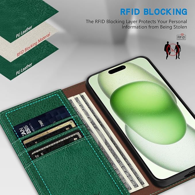 ZZXX for iPhone 15 Plus Wallet Case with [RFID Blocking] Card Slot Stand Strong Magnetic Leather Flip Fold Protective Phone Case for iPhone 15 Plus Case Wallet(Green-6.7 inch)