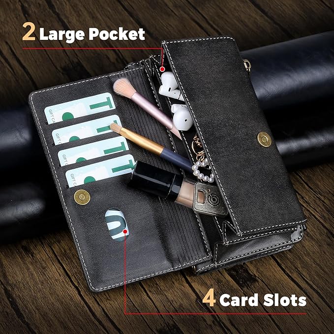 for iPhone 14 Pro Max Wallet Phone Case with 8 Card Holder,RFID Blocking | PU Leather | Kickstand | Flip | Wrist Strap&Shoulder Strap | Shockproof | Zipper Wallet | Women Men | 6.7" | Black