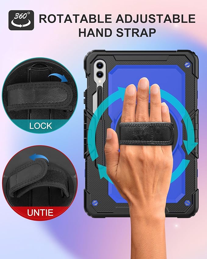 Case for Samsung Galaxy Tab S10 Plus/ S9 FE Plus/ S9 Plus 5G Case 12.4" with Tempered Glass Screen Protector, Rotatable Kickstand/Hand & Shoulder Strap/S Pen Holder (Blue)