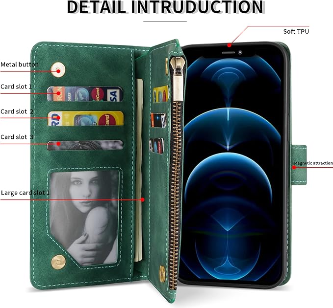 ZZXX for iPhone 12 Pro Max Wallet Case with Card Slot Premium Soft PU Leather Zipper Flip Folio Wallet with Wrist Strap Kickstand Protective for iPhone 12 Pro Max Case Wallet(Green 6.7 inch)