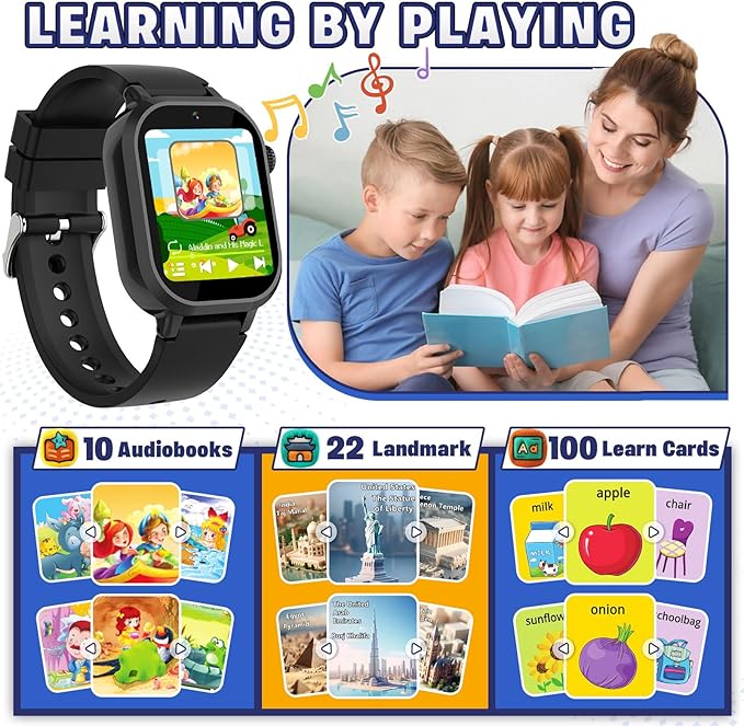 Vakzovy Kids Waterproof Smart Watch Girls Gift Age 3-12 with 39 Game HD Touch Screen Video Camera Music Player Pedometer Alarm Clock Birthday Gift for 6 7 8 9 Year Olds Black