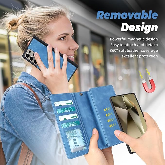 TwoHead for Samsung Galaxy S24 Ultra Wallet Case with Card Holder & Detachable Magnetic Phone Case for Galaxy S24 Ultra,PU Leather Shockproof Protective Phone Cover Wallet(6.8 in,Sky Blue)