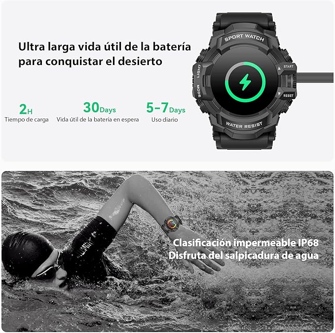 MIDDOW Military Smart Watch with Flashlight (Answer/Make Call) Compass, Heart Rate/Sleep/Pedometer/100+ Sports Modes, Fitness Tracker IP68 Waterproof, Long Battery Life Android & iOS (Black)