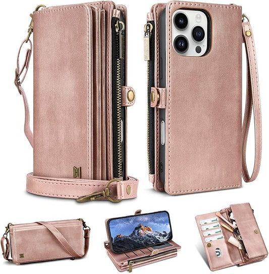 for iPhone 16 Pro Max Wallet Phone Case with 8 Card Holder,RFID Blocking | PU Leather | Kickstand | Flip | Wrist Strap&Shoulder Strap | Shockproof | Zipper Wallet | Women Men | 6.9" | Rose Gold