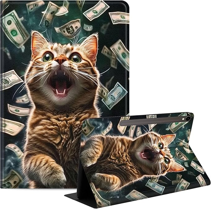 Case for Samsung Galaxy Tab S10 FE/ S9 FE 5G 10.9 Inch/Tab S9 11 Inch, Slim PU Leather Stand Cover with Auto Wake/Sleep, Multi-Angle Viewing & Shockproof, Excited Cat