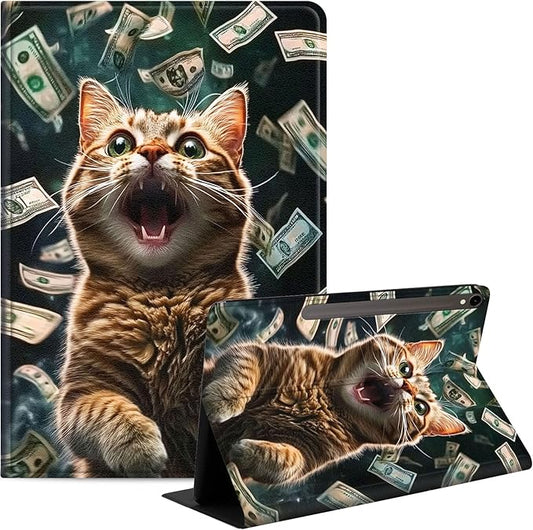 Case for Samsung Galaxy Tab S10 FE/ S9 FE 5G 10.9 Inch/Tab S9 11 Inch, Slim PU Leather Stand Cover with Auto Wake/Sleep, Multi-Angle Viewing & Shockproof, Excited Cat