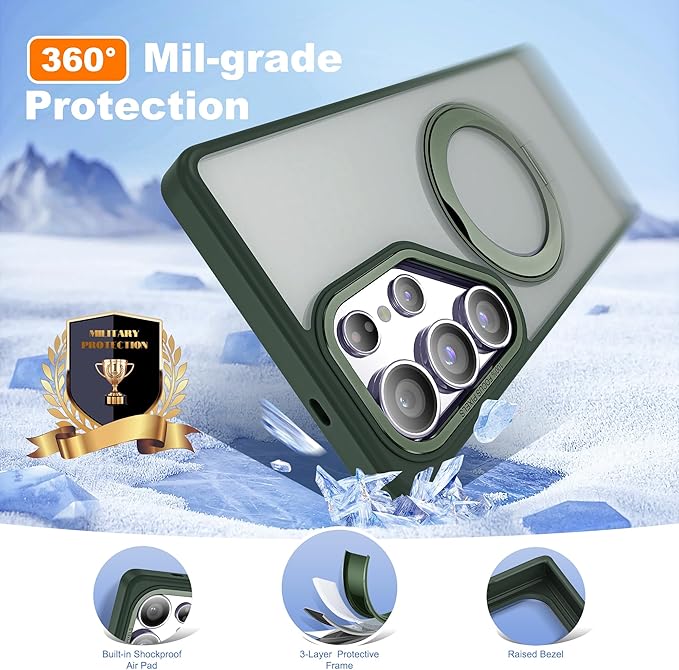 for Samsung Galaxy S25 Ultra Case with 360°Rotatable Magnetic Ring Stand Compatible with Mag-Safe Military Protection Shockproof Matte Translucent Phone Cases for S25 Ultra 6.9",Dark Green