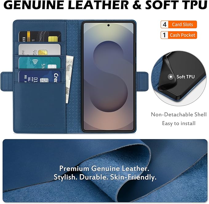 SHIELDON Case for Galaxy S25 Ultra 6.9" 5G, Genuine Leather Wallet Magnetic Case, RFID Blocking Card Holder Kickstand Shock Absorbing Cover Compatible with Galaxy S25 Ultra 2025 - Nappa Royal Blue