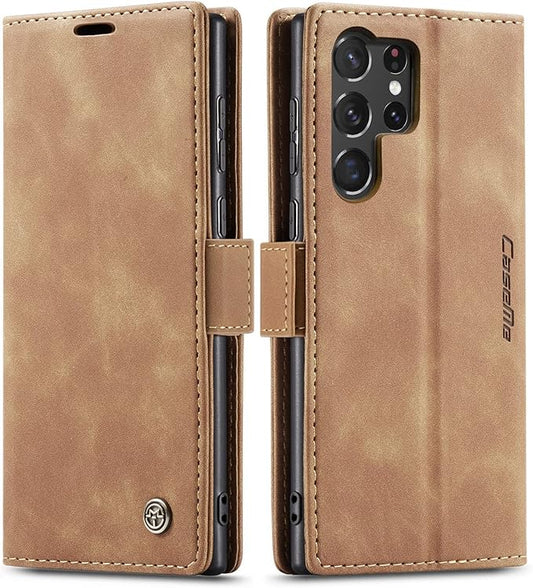 SINIANL for Samsung Galaxy S23 Ultra Leather Case, Vintage Wallet Case Book Folding Flip Case with Kickstand Card Holders Slots Protective Cover for Galaxy S23 Ultra Brown