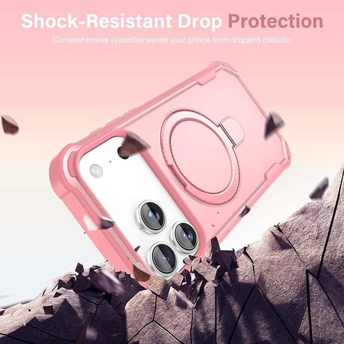Compatible with iPhone 17 Pro Max Case with Invisible Magnetic Ring Stand [Compatible with Magnetic] [Military Drop Protection] Shockproof Slim Hard Back Soft Edge Case 6.9 Inch, Pink