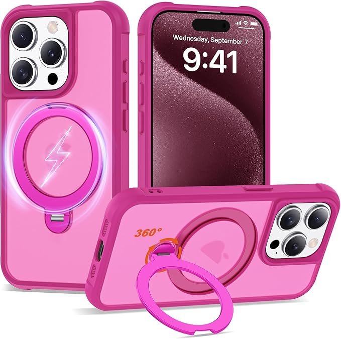 Compatible with iPhone 15 Pro Case with Invisible Magnetic 360°Spin Stand,Military-Grade Shockproof Protection [Compatible with Mag-Safe] Non-Slip Edge Translucent Case (6.1",Hot Pink)