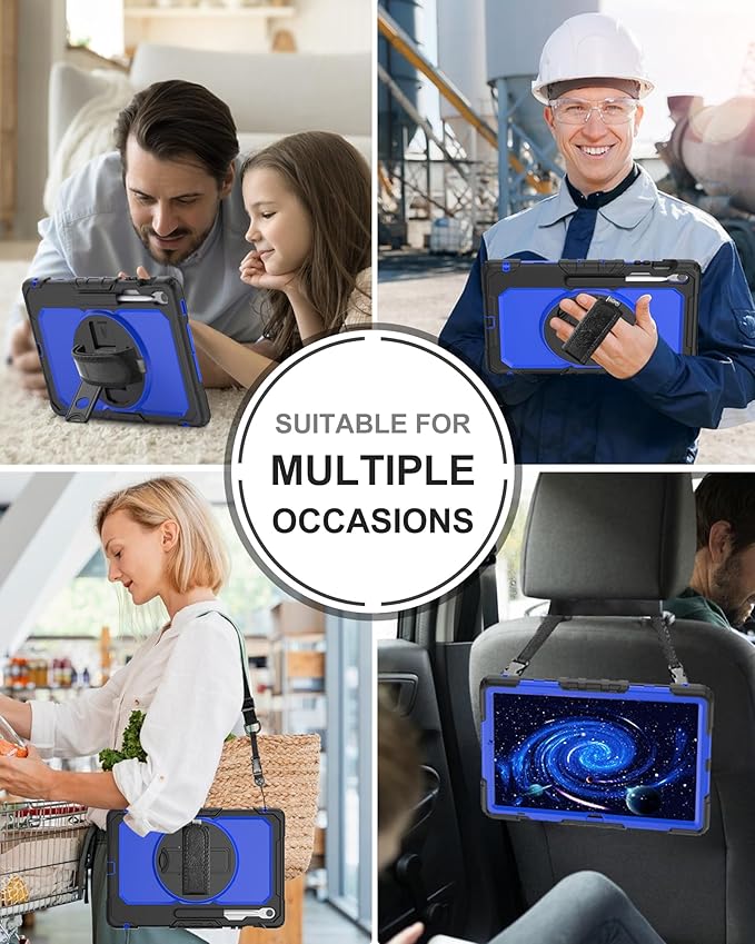 Case for Samsung Galaxy Tab S10 FE Plus 5G Tablet 13.1'', Shockproof Protective Cover with Tempered Glass Screen Protector, Rotatable Kickstand, S Pen Holder, Hand/Shoulder Strap, Blue