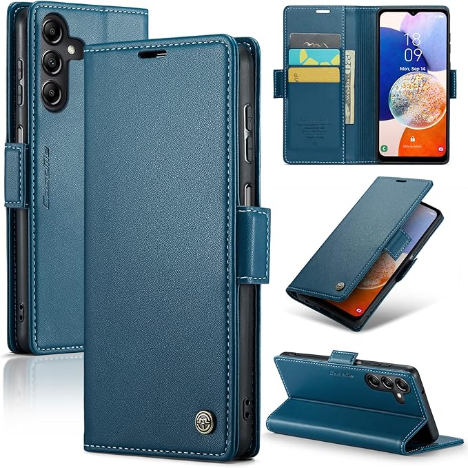 for Samsung Galaxy A14 4G/5G Case, Premium PU Leather Wallet Case Flip Cover with [RFID Blocking][Card Holder][Stand Function] Shockproof Protective for Samsung Galaxy A14, Blue
