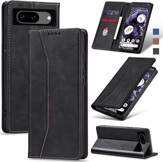 Jasonyu Flip Wallet Case for Google Pixel 8,Leather Magnetic Folio Cover with Card Holder,Kickstand - TPU Shockproof Durable Protective Phone Case,Black