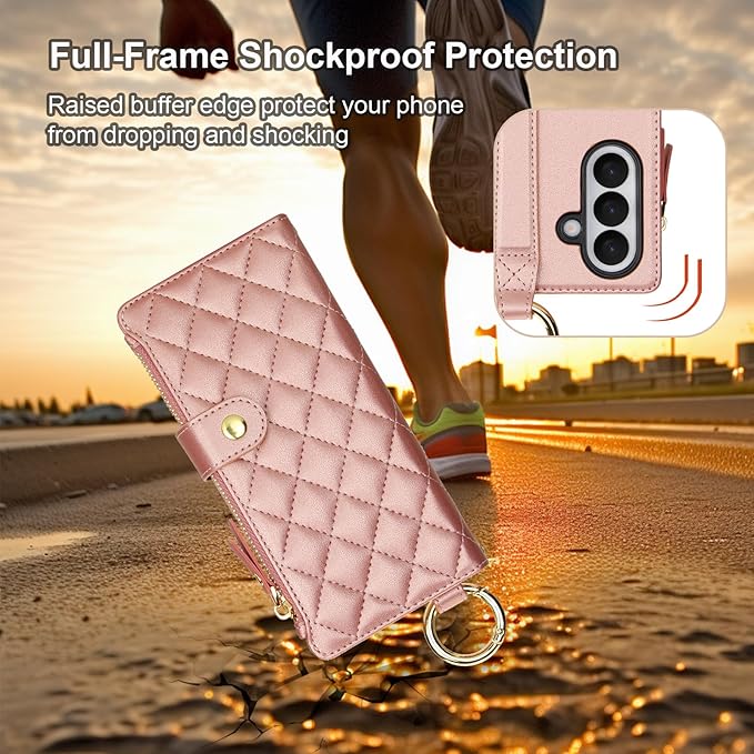 KIHUWEY for Galaxy Z Fold 7 Wallet Case with Card Holder Premium Leather Magnetic RFID Blocking Shockproof Zipper Wrist Strap Lanyard Cover for Samsung Galaxy Z Fold 7 8.0 Inch (Rose Gold)
