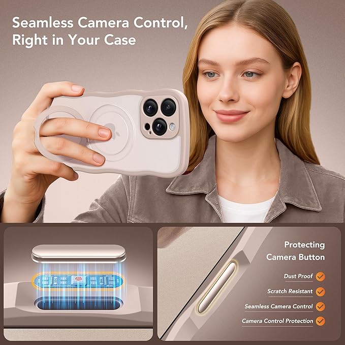 for iPhone 16 Pro Max Case for Women,[Compatible with Magsafe][360° Spin Magnetic Stand][Cute Wave Edge][Military-Grade Protection] Translucent Matte Phone Case for iPhone 16 ProMax, Rose Gold