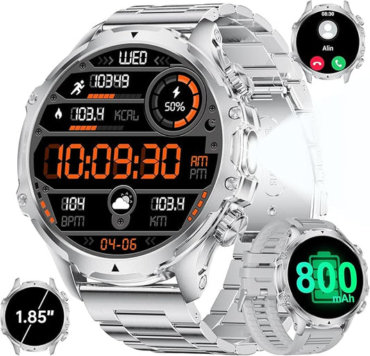 Smart Watches for Men(Answer/Make Calls) with LED Flashlight, 1.85"HD Screen Outdoor Sports Smartwatch ,800mAh Battery,Heart Rate/Sleep Monitor 5ATM Waterproof Fitness Tracker for Android iOS,Sliver