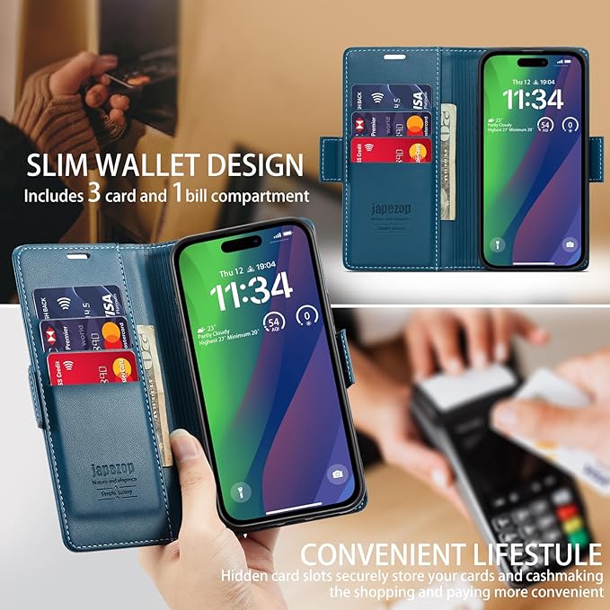 japezop iPhone 15 Pro 5G Wallet Case with [RFID Blocking],Card Holder Kickstand Magnetic,Leather Flip Case Wallet for iPhone 15 Pro 5G 6.1 Inch (Fashion Blue)