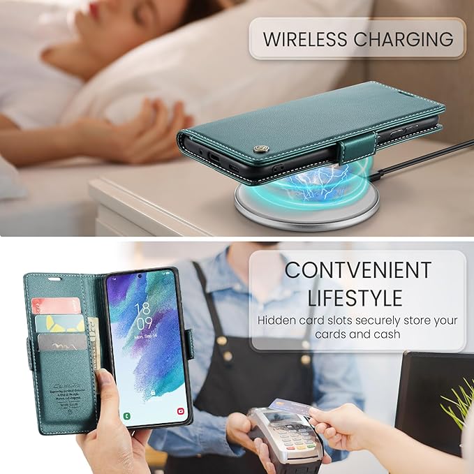 AUPAI for Samsung Galaxy S21 FE Wallet Case with Credit Card Holder, PU Leather RFID Blocking Folio Flip Kickstand Magnetic Clasp Protective Phone Cover for Women Men Cyan