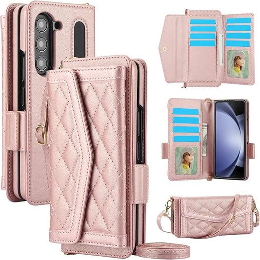for Samsung Galaxy Z Fold 7 Wallet Case - Stitching Pattern RFID Blocking Card Holder, S Pen Slot Crossbody Strap, Full Body Protection Flip Cover for Women Rose Gold