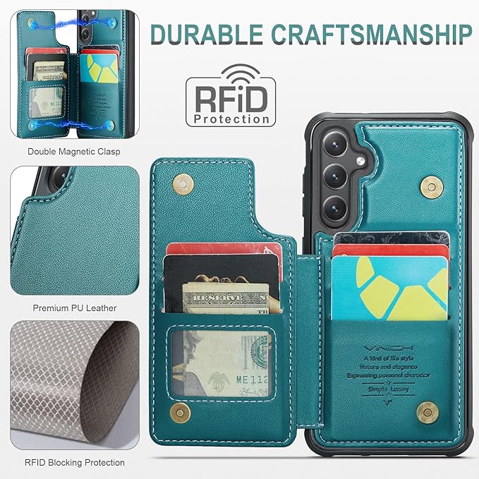 Vinich for Samsung Galaxy S25 Plus Wallet Case with Card Holder, RFID Blocking Credit Slots Kickstand Shockproof Phone Cover for Women Men, Bluish Green