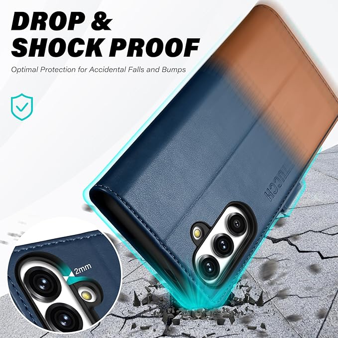 TUCCH Case Wallet for Galaxy S25, PU Leather Magnetic Kickstand [RFID Blocking] Card Slot Folio Flip Cover with [TPU Shockproof Interior Case] Compatible with Galaxy S25 6.2" 2025, Blue & Brown