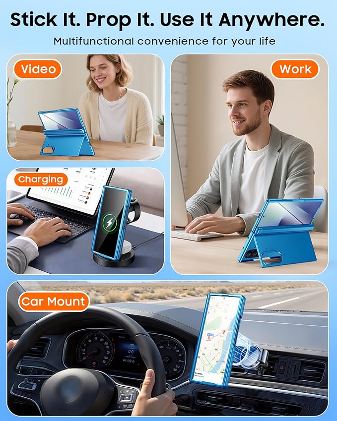 CENMASO Magnetic for Samsung Galaxy Z Fold 7 Case with Stand, Fit for Magsafe, Hinge Protection, Screen Protector, Built-in Hidden Kickstand, Slim Shockproof Phone Case for Galaxy Z Fold 7-Lake Blue