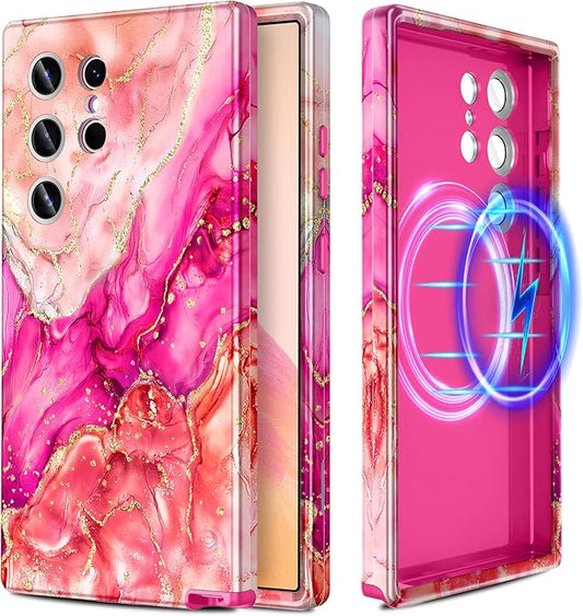 Casetego for Galaxy S24 Ultra Case,Compatible with MagSafe,[Military Grade Drop Test] Full Body Protection Slim Shockproof Rugged Marble Women Case for Samsung Galaxy S24 Ultra 6.8 inch,Ruby Red