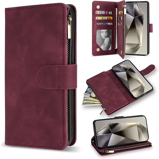 ZZXX for Samsung Galaxy S24 Ultra Wallet Case with RFID Blocking Card Slot PU Leather Zipper Flip Folio with Strap Kickstand Protective Cover for Galaxy S24 Ultra Case Wallet(Wine Red-6.8 inch)