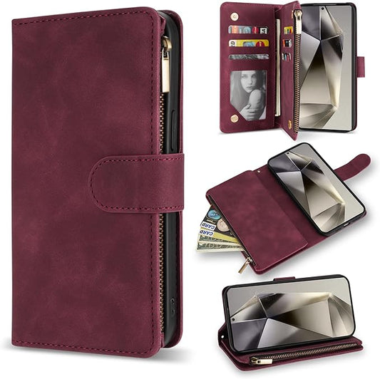 ZZXX for Samsung Galaxy S24 Ultra Wallet Case with RFID Blocking Card Slot PU Leather Zipper Flip Folio with Strap Kickstand Protective Cover for Galaxy S24 Ultra Case Wallet(Wine Red-6.8 inch)