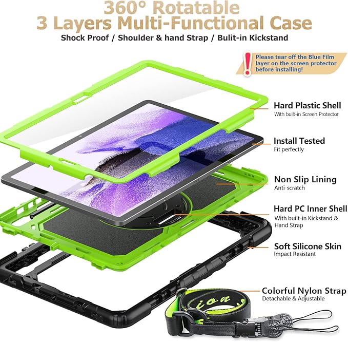 SEYMAC stock Case for Samsung Galaxy Tab S7 FE / S8 Plus 5G Case 12.4'' with Screen Protector Pencil Holder [360 Rotating Hand Strap] &Stand, Drop-Proof, Green/Black