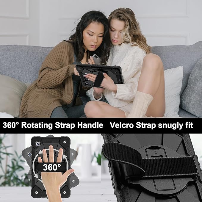 for Samsung Galaxy Tab A9 Case 8.7 inch (SM-X110/X115/X117), Heavy Duty Shockproof Silicone Cover Rugged 360 Stand Hand Shoulder Strap for Galaxy A9 Tablet Black+Black