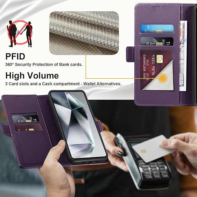 Wallet Flip Case for Samsung Galaxy S25 Ultra 5G - [RFID Blocking] Luxury PU Leather Card Holder Magnetic Phone Cover with Kickstand,Shockproof Protective Case,Purple