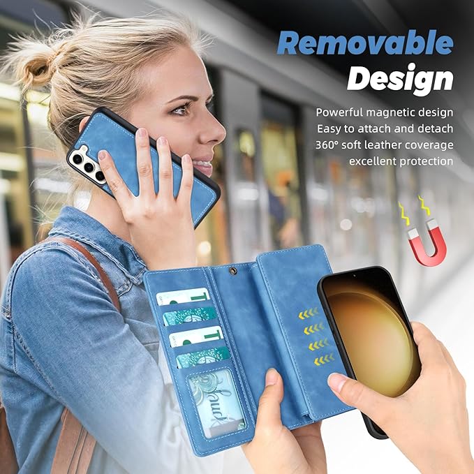 TwoHead for Samsung Galaxy S23 Plus Wallet Case with Card Holder,Detachable Magnetic Phone Case for Galaxy S23 Plus,PU Leather All-Round Protective Phone Cover Wallet with Strap(6.6 in,Sky Blue)