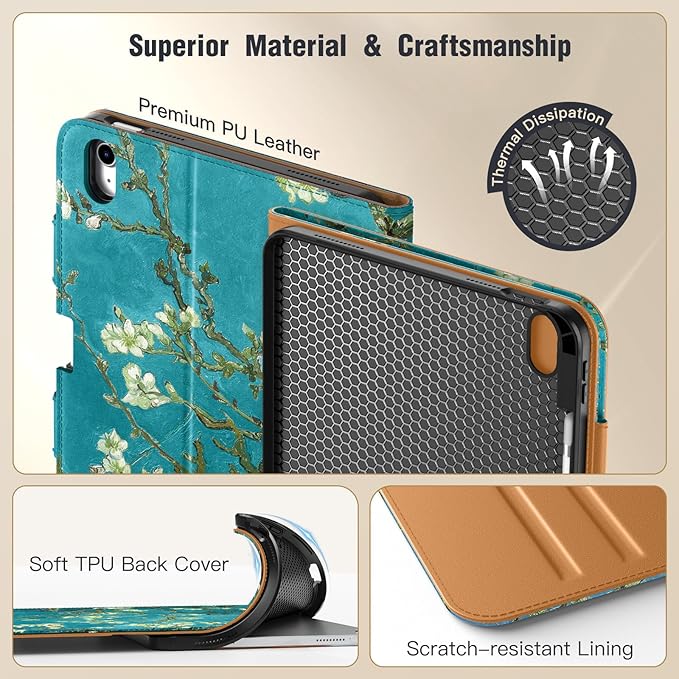 MoKo for iPad (A16) 11th Generation Case 11 inch 2025, iPad 10th Generation Case 10.9" 2022 with Pencil Holder & Pocket, Premium Leather Folio Stand Cover, Multiple Viewing Angles, Apricot Blossom