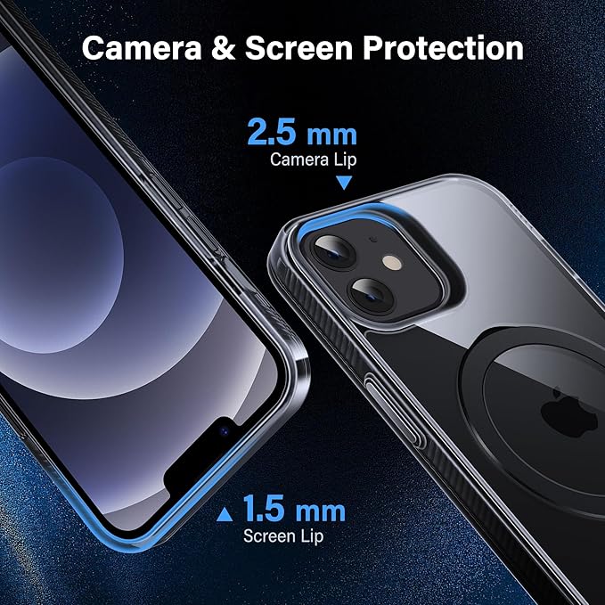 Magnetic Case for iPhone 12/12 Pro - [Built-in Invisible Stand] [Compatible with MagSafe] [Military Grade Drop Protection] Anti-Yellowing Hard Back Silicone Edge Cover, 6.1", Clear Black