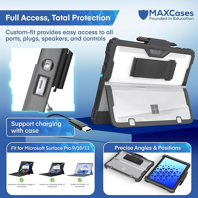 MAXCases Extreme Shell Microsoft Surface Pro 9/10/11 Case, 13" Black - Rugged, Custom-Fit Protective Cover for Microsoft Surface Pro Case with Stylus Holder - Shockproof & Durable Tablet Cover