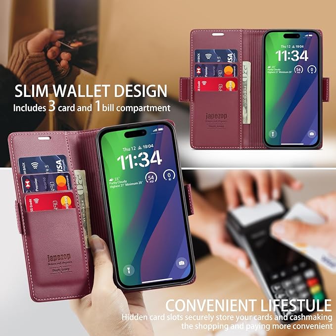 japezop iPhone 15 5G Wallet Case with [RFID Blocking],Card Holder Kickstand Magnetic,Leather Flip Case Wallet for iPhone 15 5G 6.1 Inch (Fashion Red)