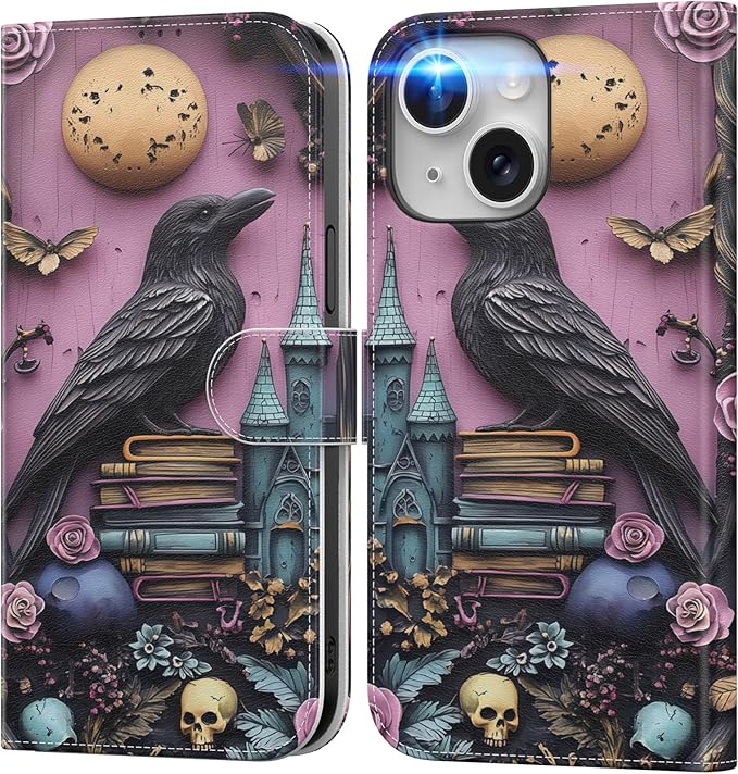 DEENAKIN for iPhone 15 Plus Wallet Case with Card Holder + Cash Clip, RFID-Blocking, Military-Grade Drop Protection, Magnetic Closure with Leather Kickstand - Gothic Skull & Raven