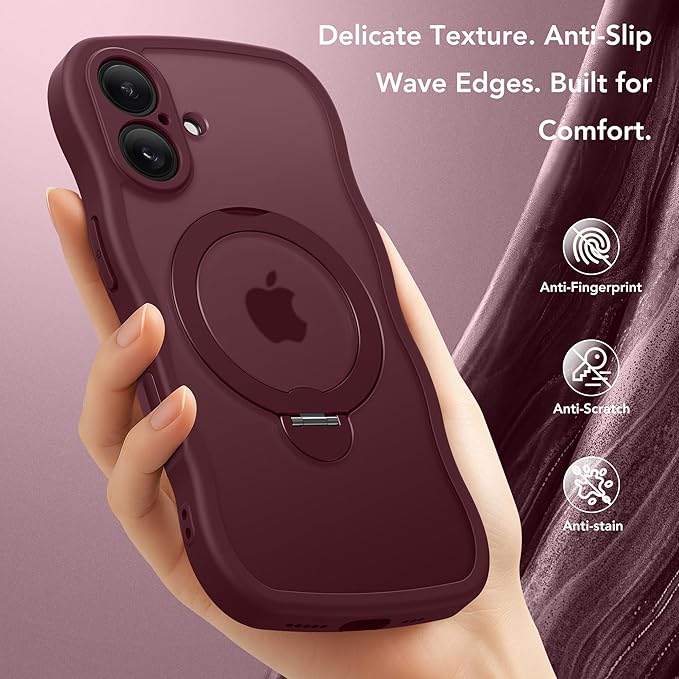 for iPhone 16 Plus Case,[Compatible with Magsafe][360° Spin Magnetic Stand][Military-Grade Protection][Camera Control][Cute Wave Edge]Translucent Matte Women Phone Cover for 16 Plus, Wine Red
